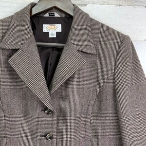 Talbots‎ Petites Womens Beige Tan Plaid Blazer Jacket 14P Wool Stretch Career